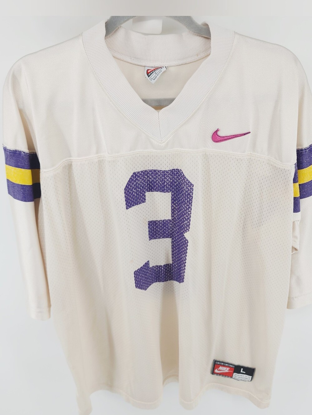 Vintage 90s Nike Team Sports Football Jersey #3 White Purple Yellow USA Made L